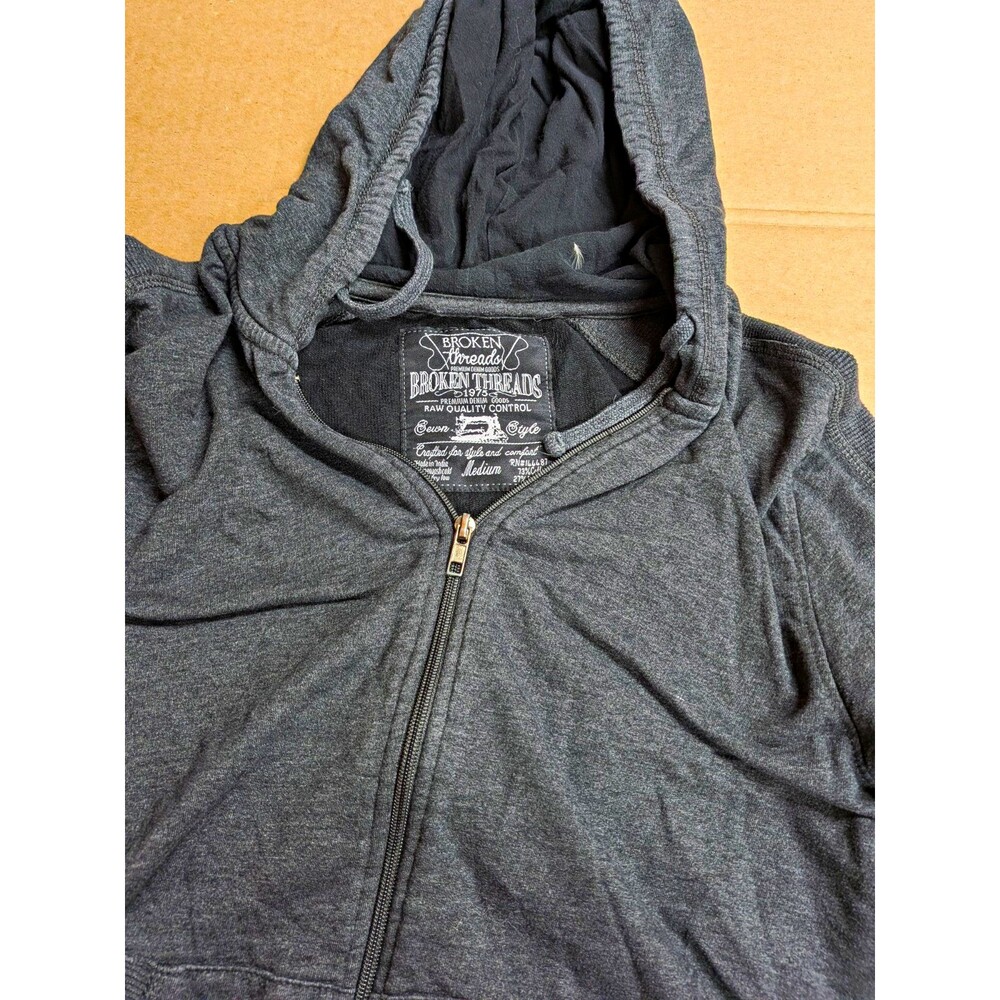 Broken Threads Men's Gray Fleece Full Zip Hooded Hoodie Pockets Logo Regular M